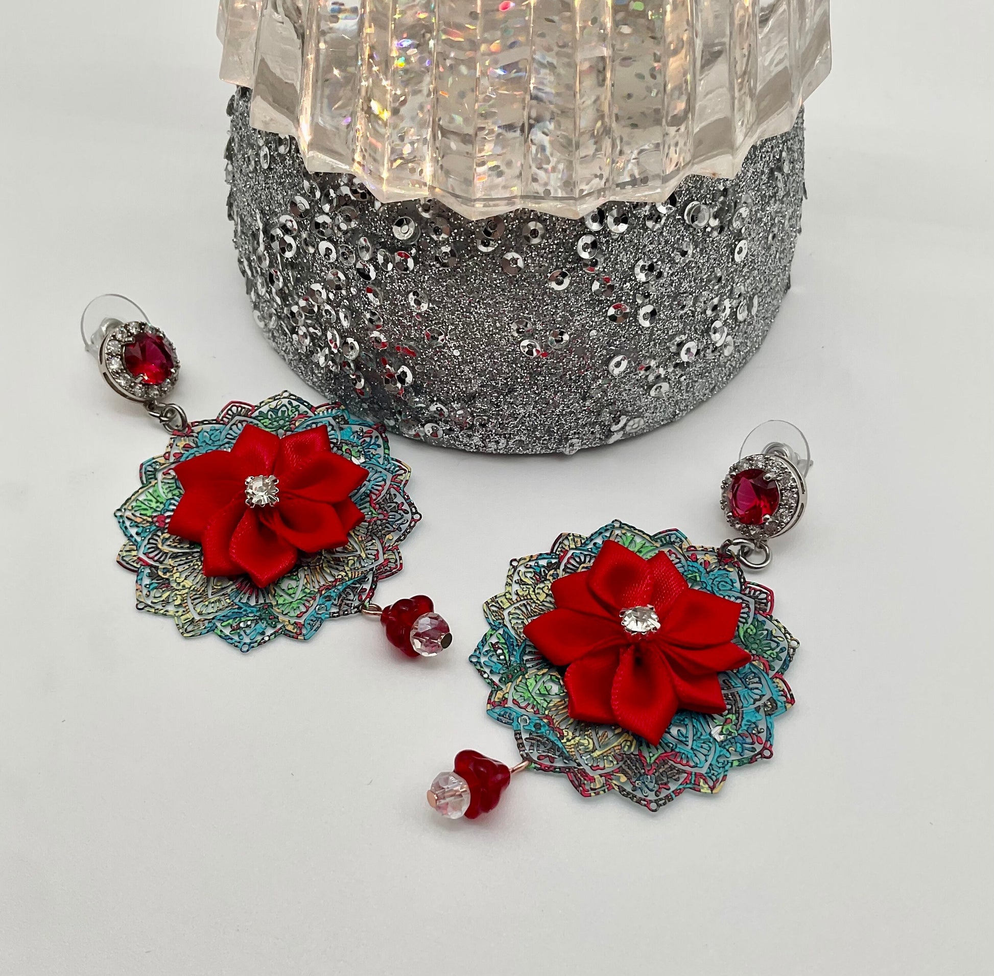 Holiday Christmas Red Poinsettia Flower Shaped Dangle Earrings with Crystal Accents