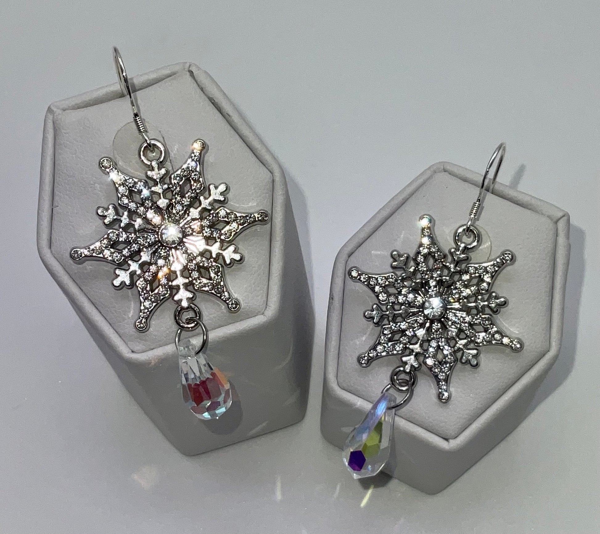 Silver Snowflake Sterling Silver Ear Wire Procosia Crystal Drop Dangle Earrings AB - Christmas Holiday Jewelry