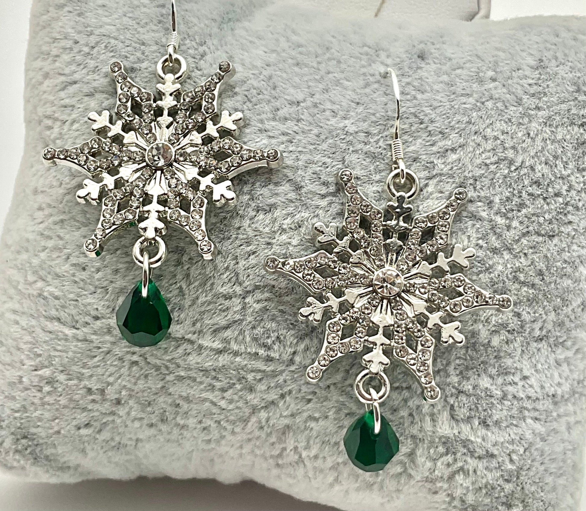 Silver Snowflake Sterling Silver Ear Wire Swarovski Green Emerald May Crystal Drop Dangle Earrings AB - Christmas Holiday Jewelry