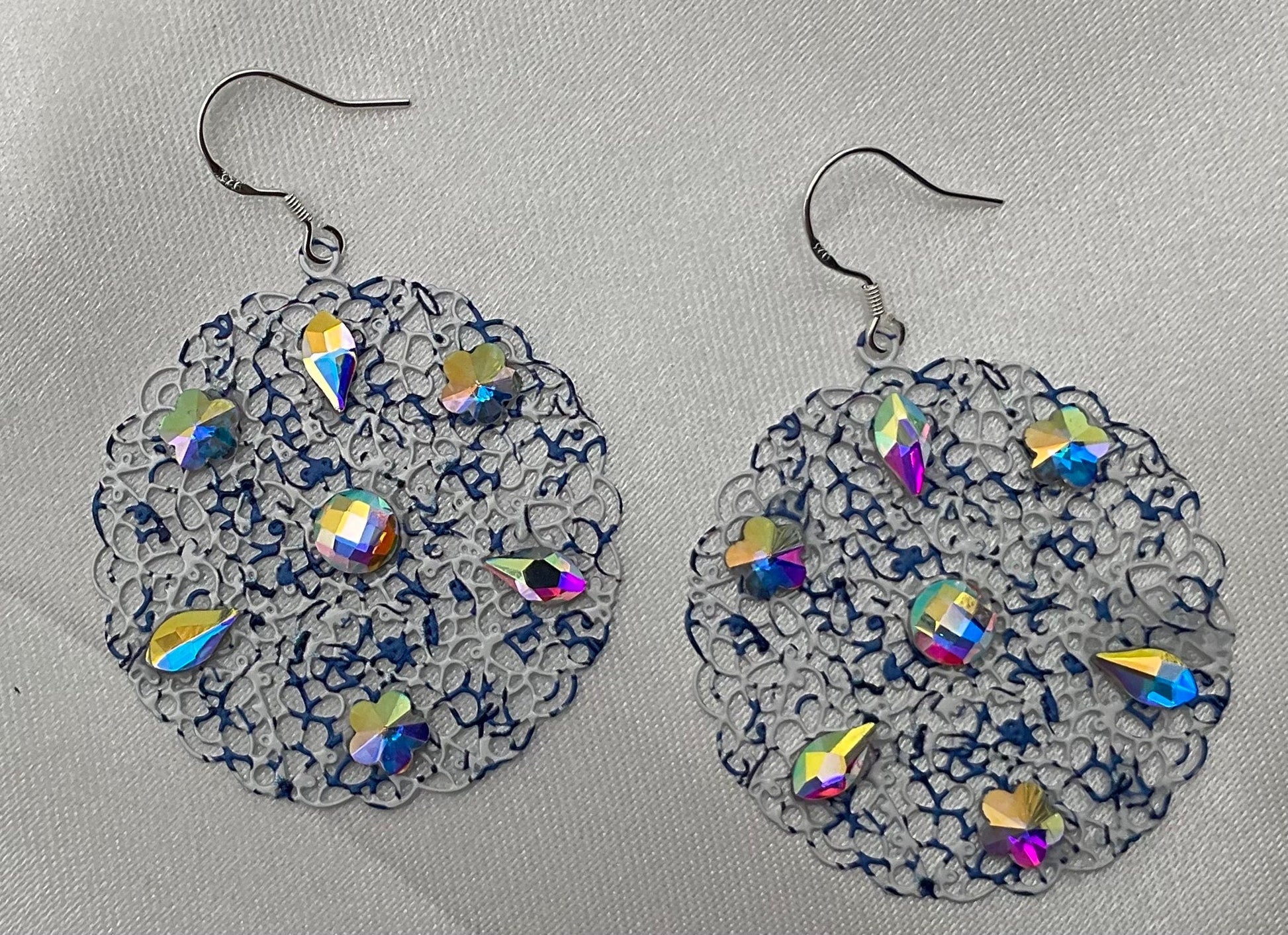 Blue and White Flower Shaped Dangle Earrings with Crystal Accents