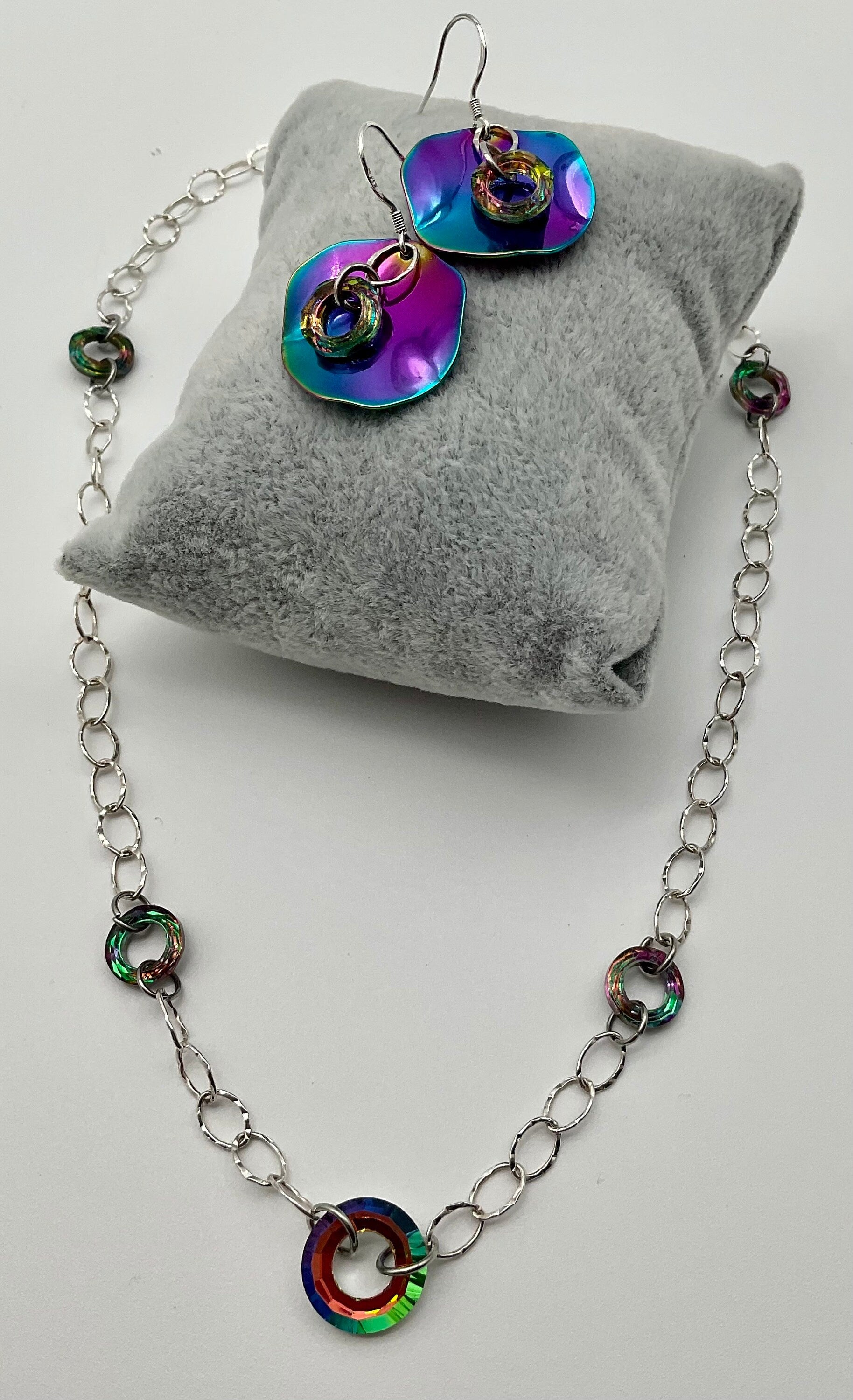 925 Sterling Silver Rainbow Circle Crystal Necklace and Earring Set