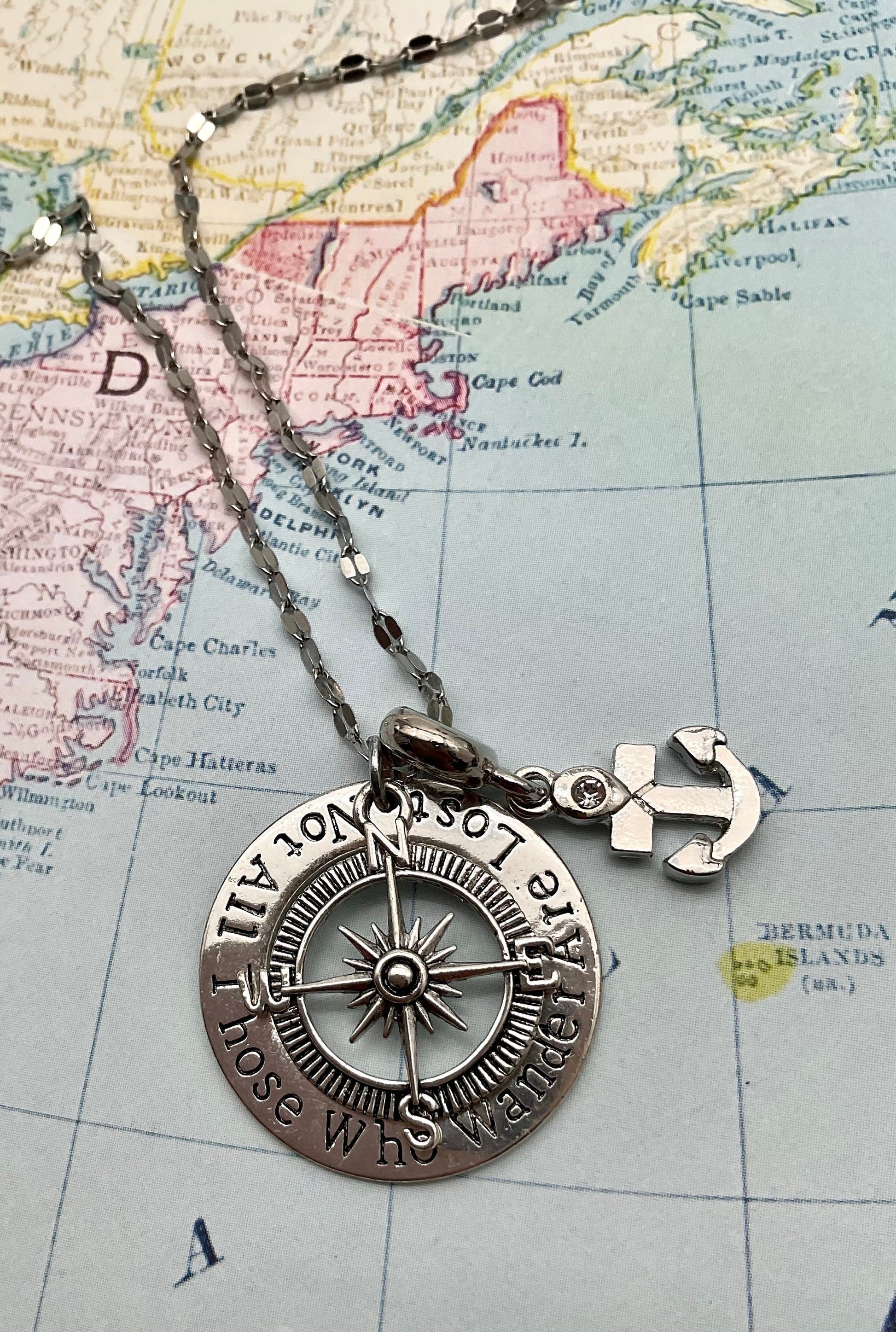 Nautical Anchor Naval GPS - Compass Necklace Not All Those Who Wander are Lost - 18” Sterling Silver Rope Chain