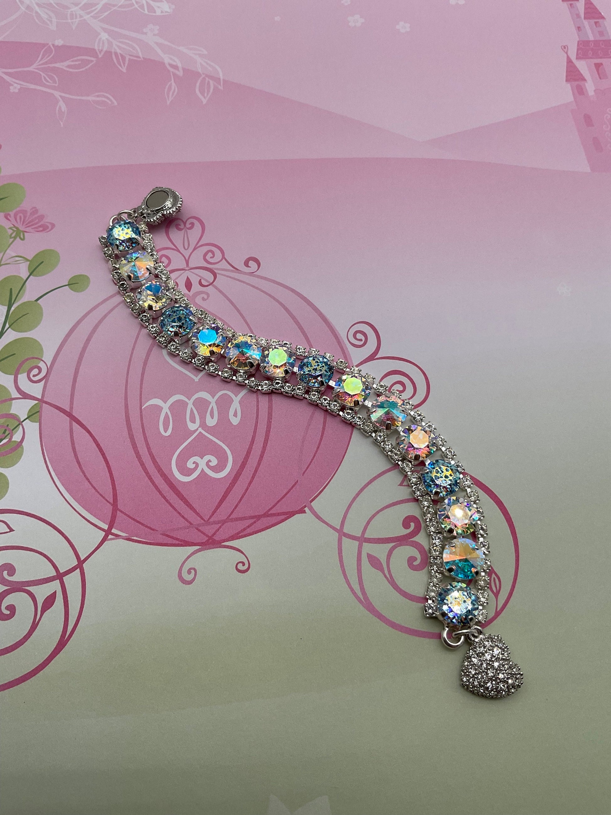 Genuine Swarovski Crystal Bracelet Blue Patina and Tears of Isis Stones with Rhinestone Accents and Magnetic Heart Clasp