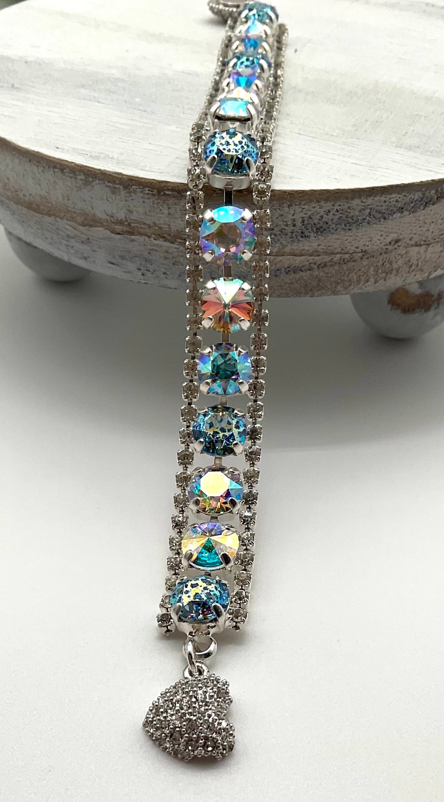 Genuine Swarovski Crystal Bracelet Blue Patina and Tears of Isis Stones with Rhinestone Accents and Magnetic Heart Clasp