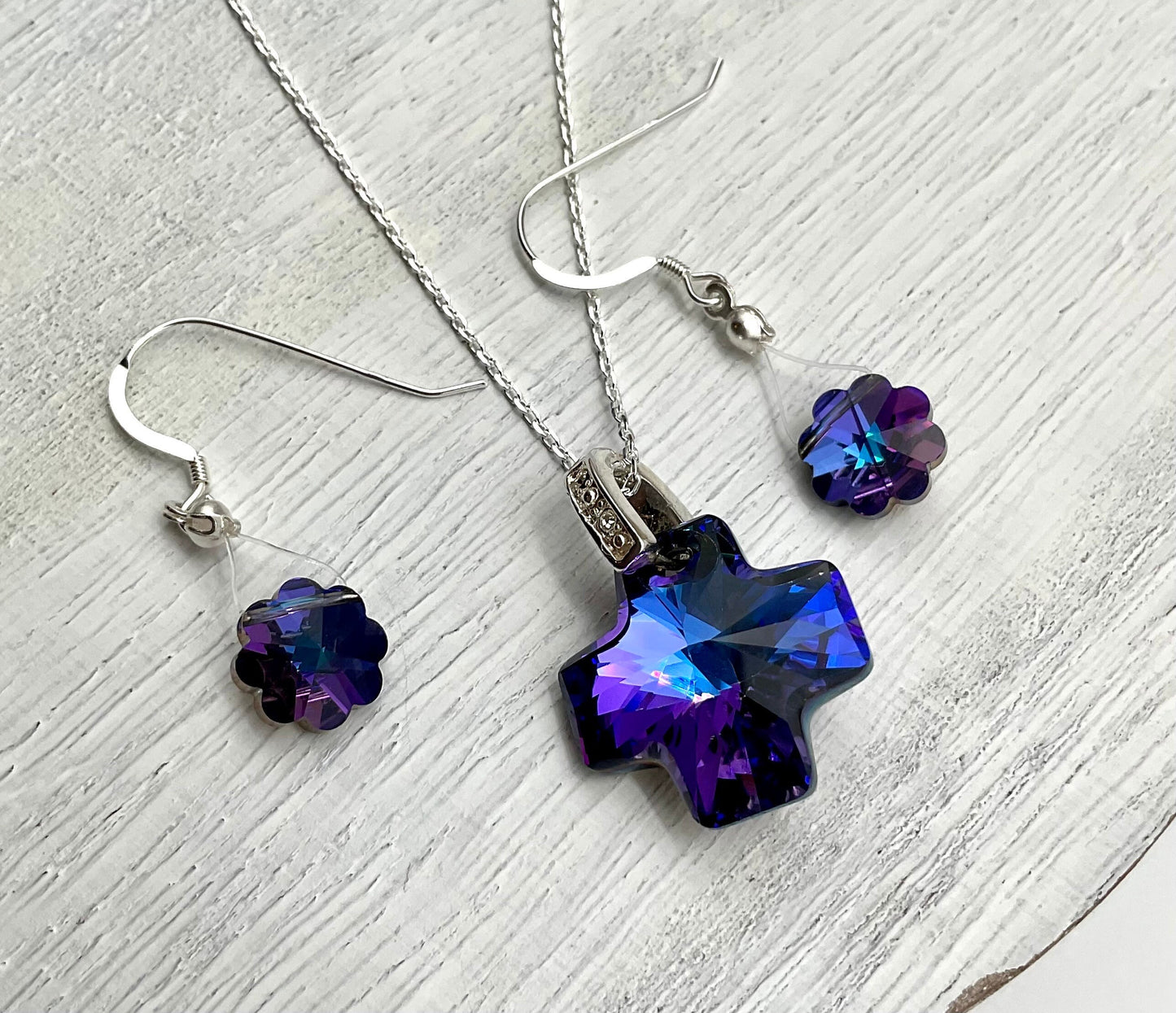 Swarovski Heliotrope Purple Cross Crystal Pendant Necklace and Earring Set