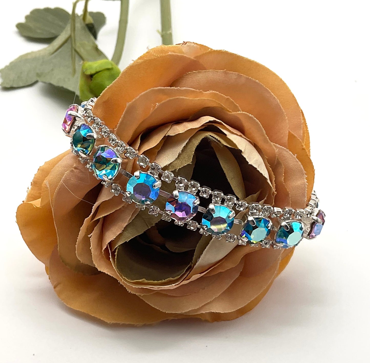 Genuine Swarovski Crystal Silver Bracelet with Blue and Pink Crystals Formal Jewelry