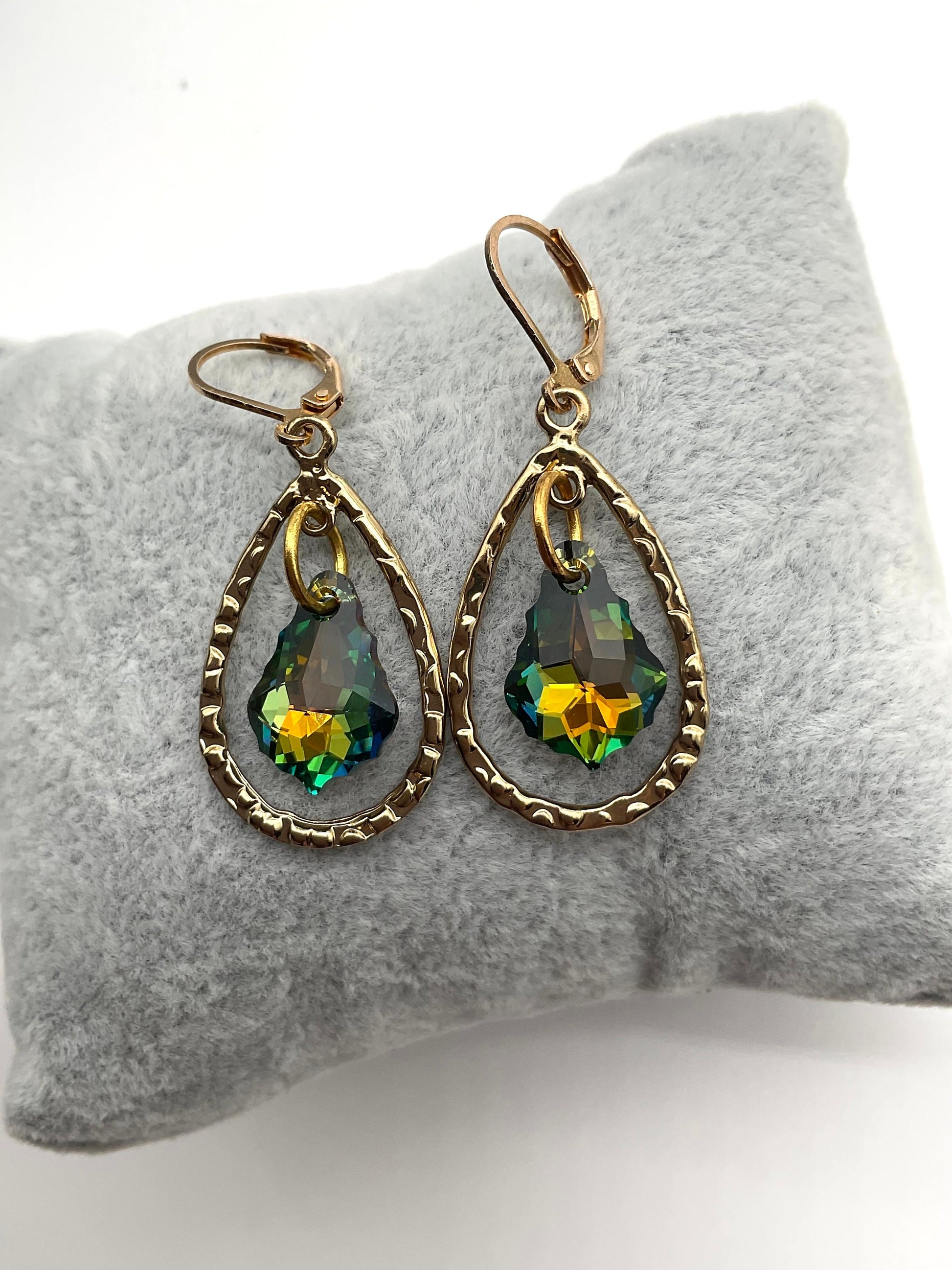 Gold Teardrop Genuine Baroque Swarovski Teal Dangle Earrings