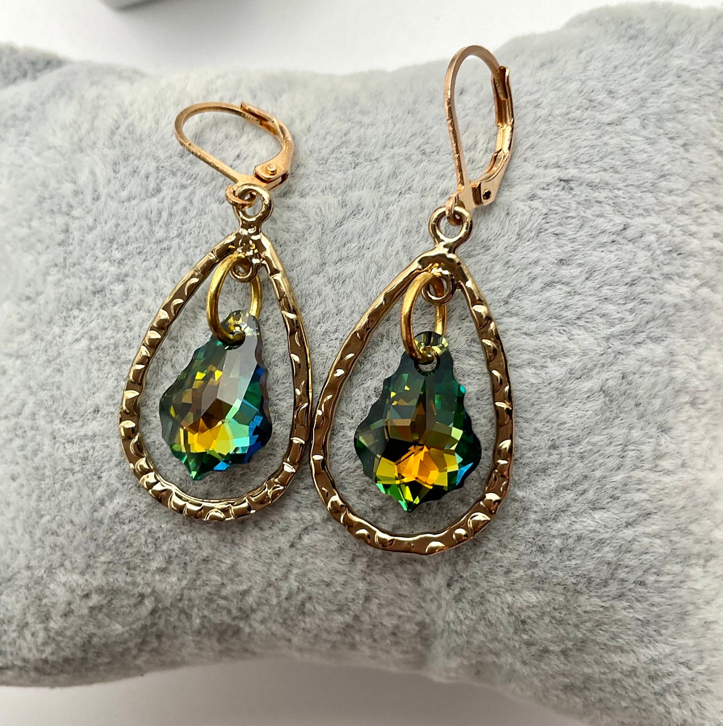 Gold Teardrop Genuine Baroque Swarovski Teal Dangle Earrings