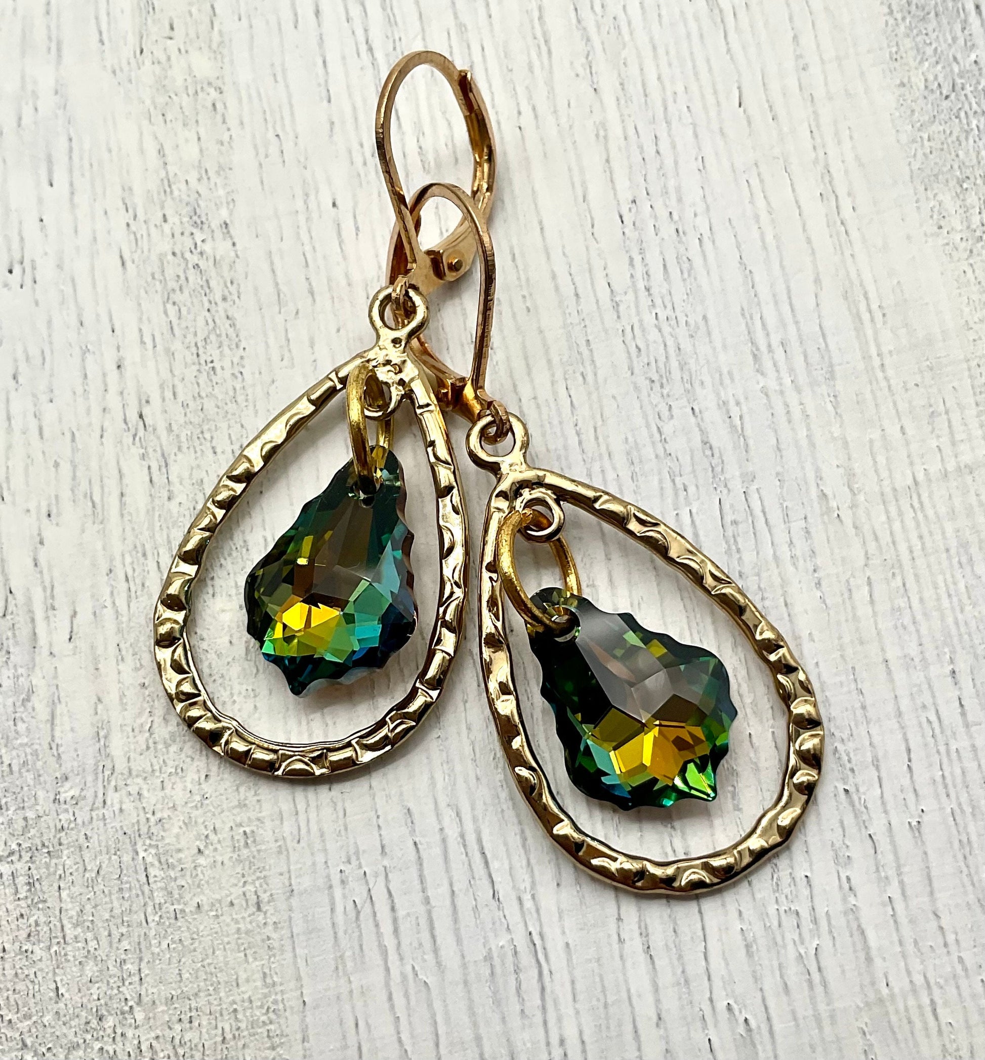 Gold Teardrop Genuine Baroque Swarovski Teal Dangle Earrings