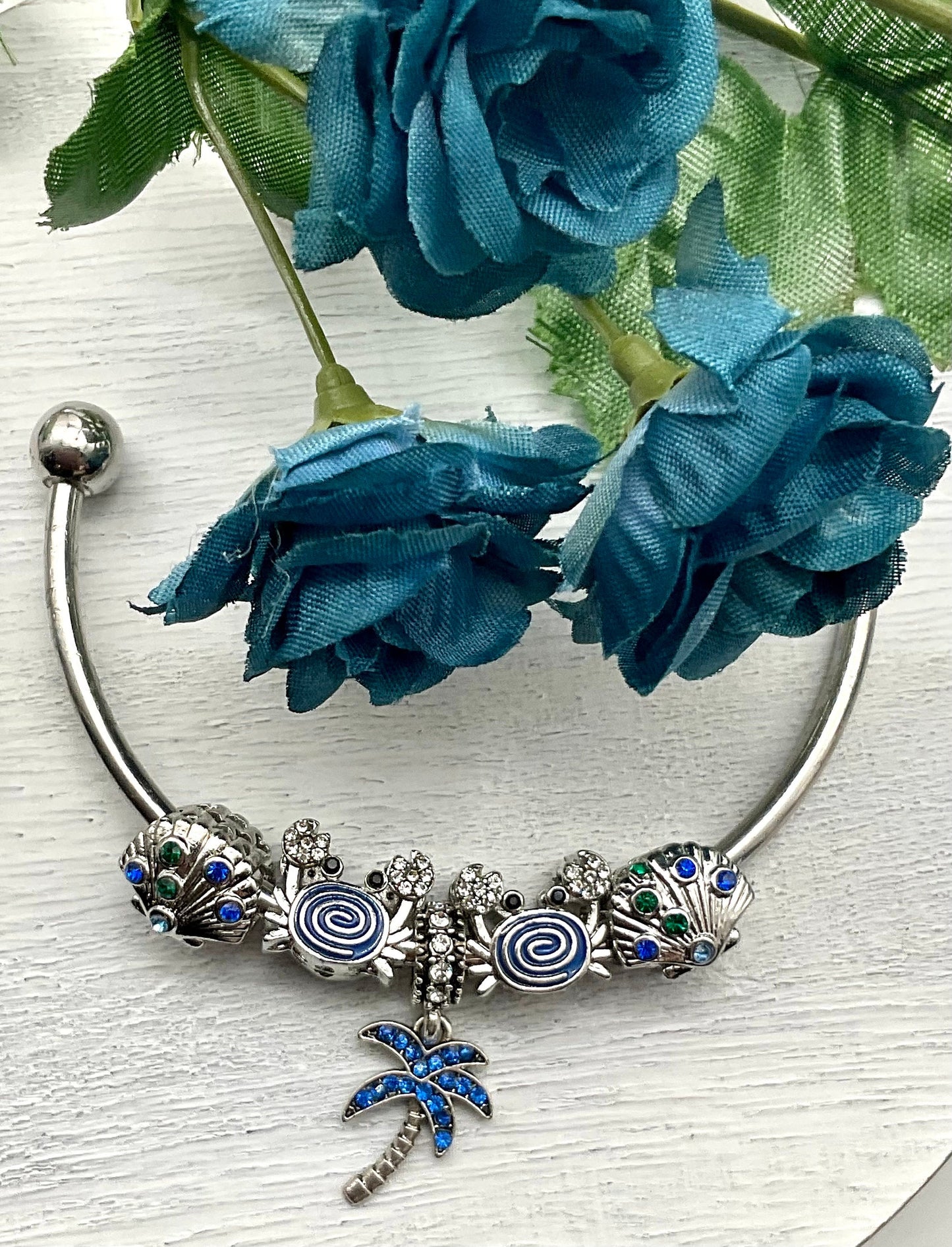 Tropical Beach Ocean Theme Charm Bracelet - Pandora Style Blue September Birthstone