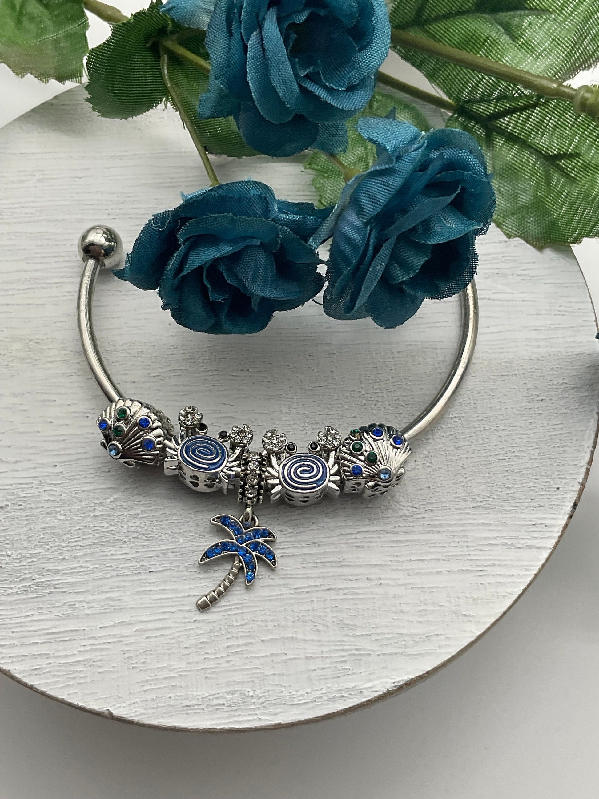 Tropical Beach Ocean Theme Charm Bracelet - Pandora Style Blue September Birthstone