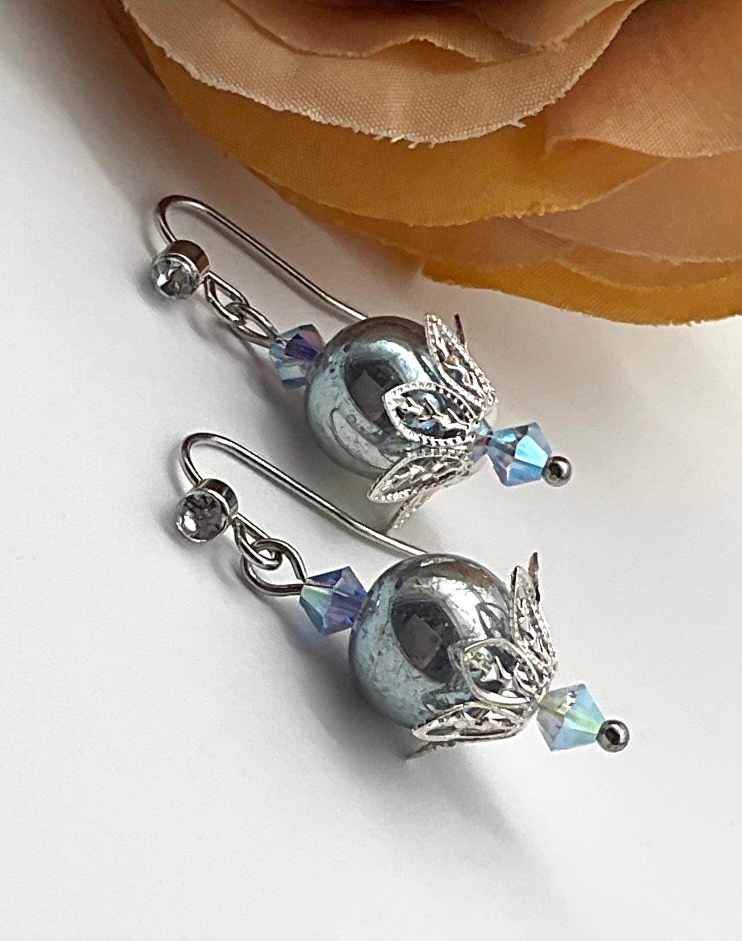 Iridescent Blue Pearl Dangle Drop Earrings with Stainless Steel Ear Wires - Hypoallergenic or Silver