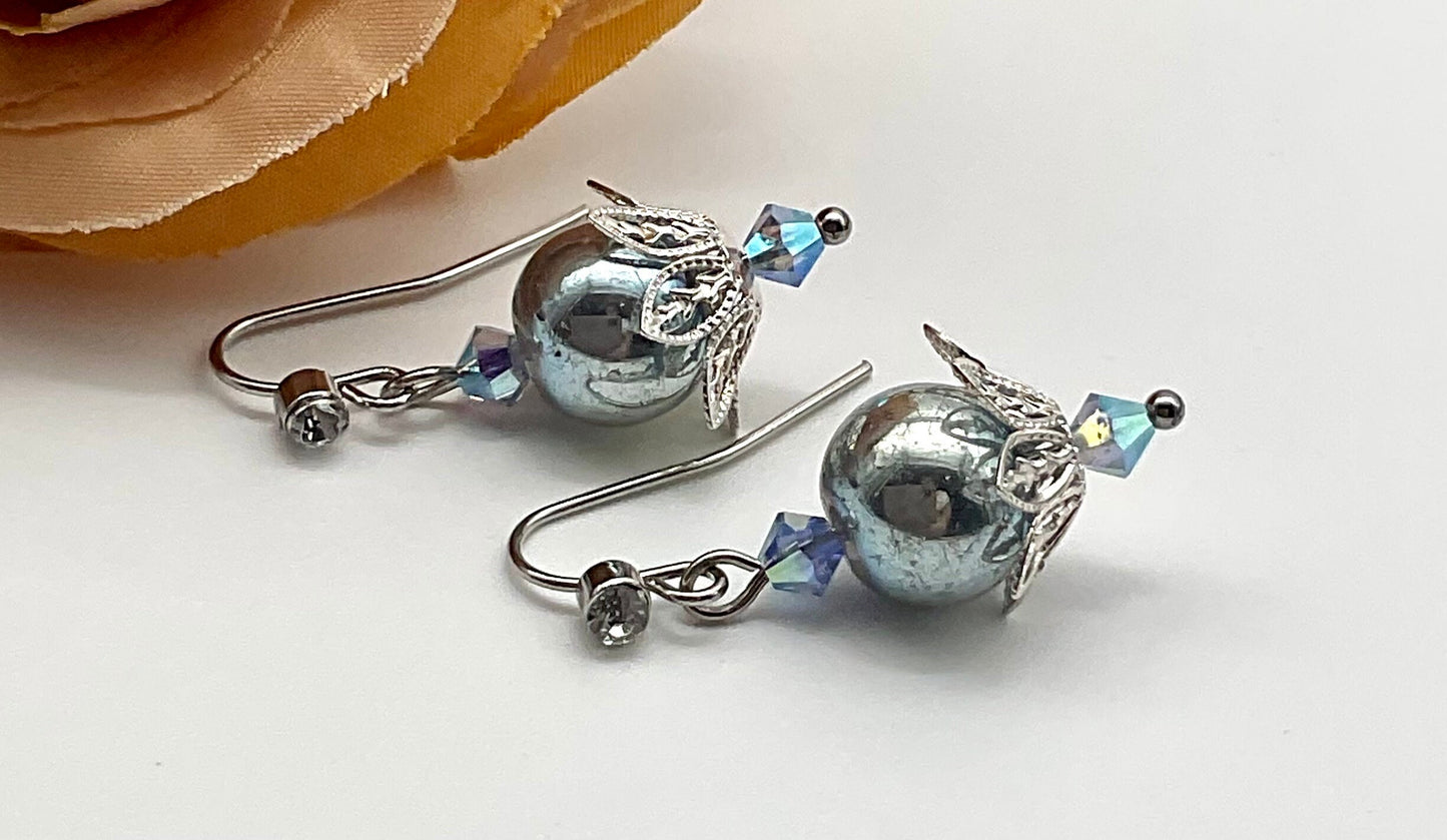 Iridescent Blue Pearl Dangle Drop Earrings with Stainless Steel Ear Wires - Hypoallergenic or Silver
