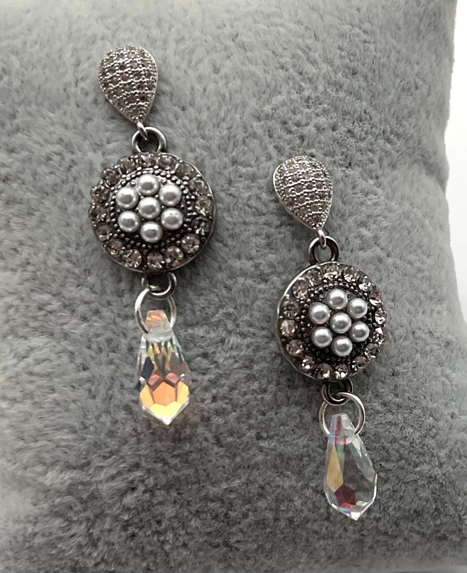 Silver Pearl and Preciosa Crystal Drop Dangle Earrings AB Colored