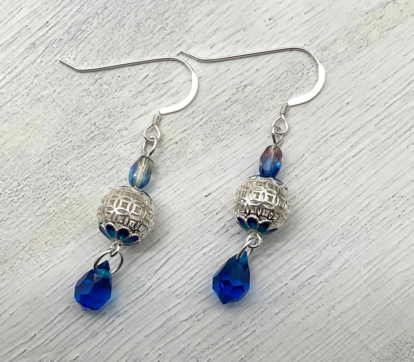 Mother of Pearl Blue Dangle Drop Earrings with Swarovski Crystal Drop - 925 Sterling Silver Ear Wires