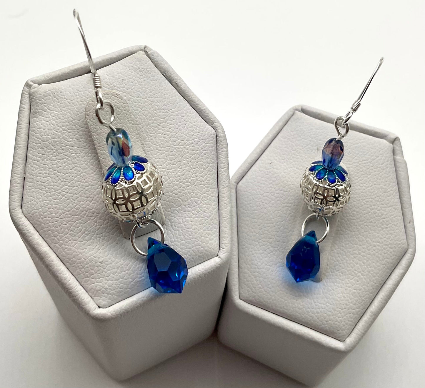 Mother of Pearl Blue Dangle Drop Earrings with Swarovski Crystal Drop - 925 Sterling Silver Ear Wires