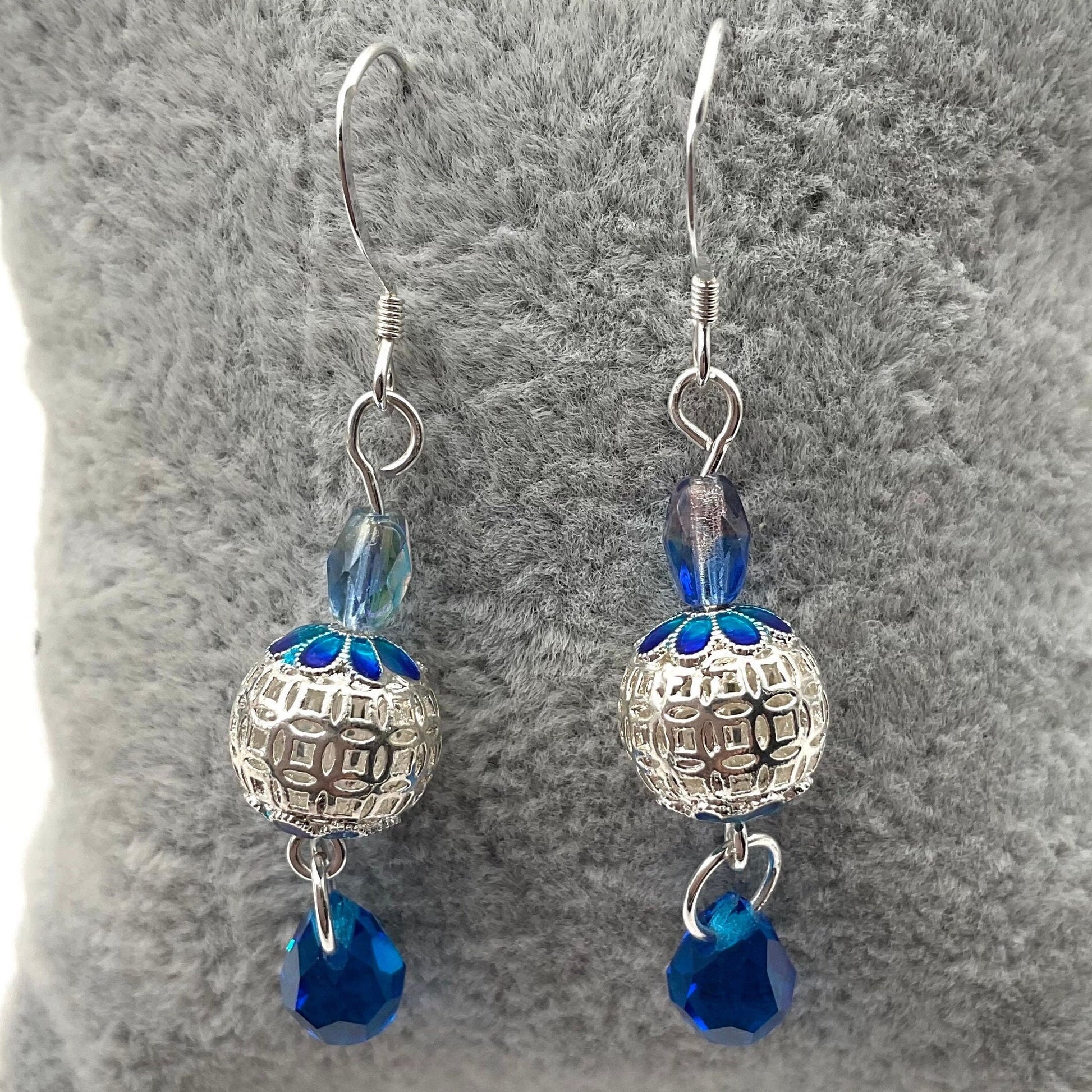 Mother of Pearl Blue Dangle Drop Earrings with Swarovski Crystal Drop - 925 Sterling Silver Ear Wires