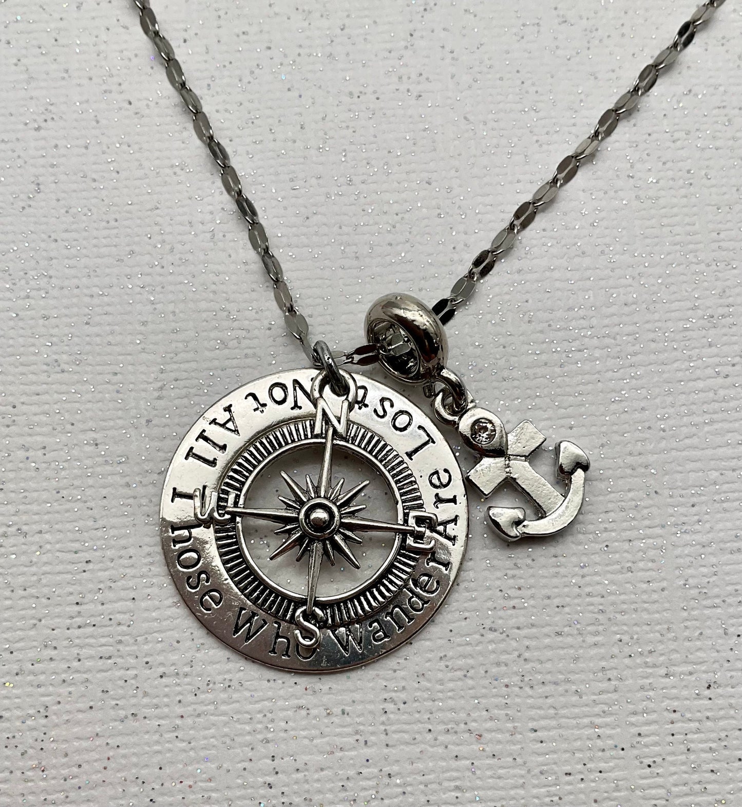 Nautical Anchor Naval GPS - Compass Necklace Not All Those Who Wander are Lost - 18” Sterling Silver Rope Chain