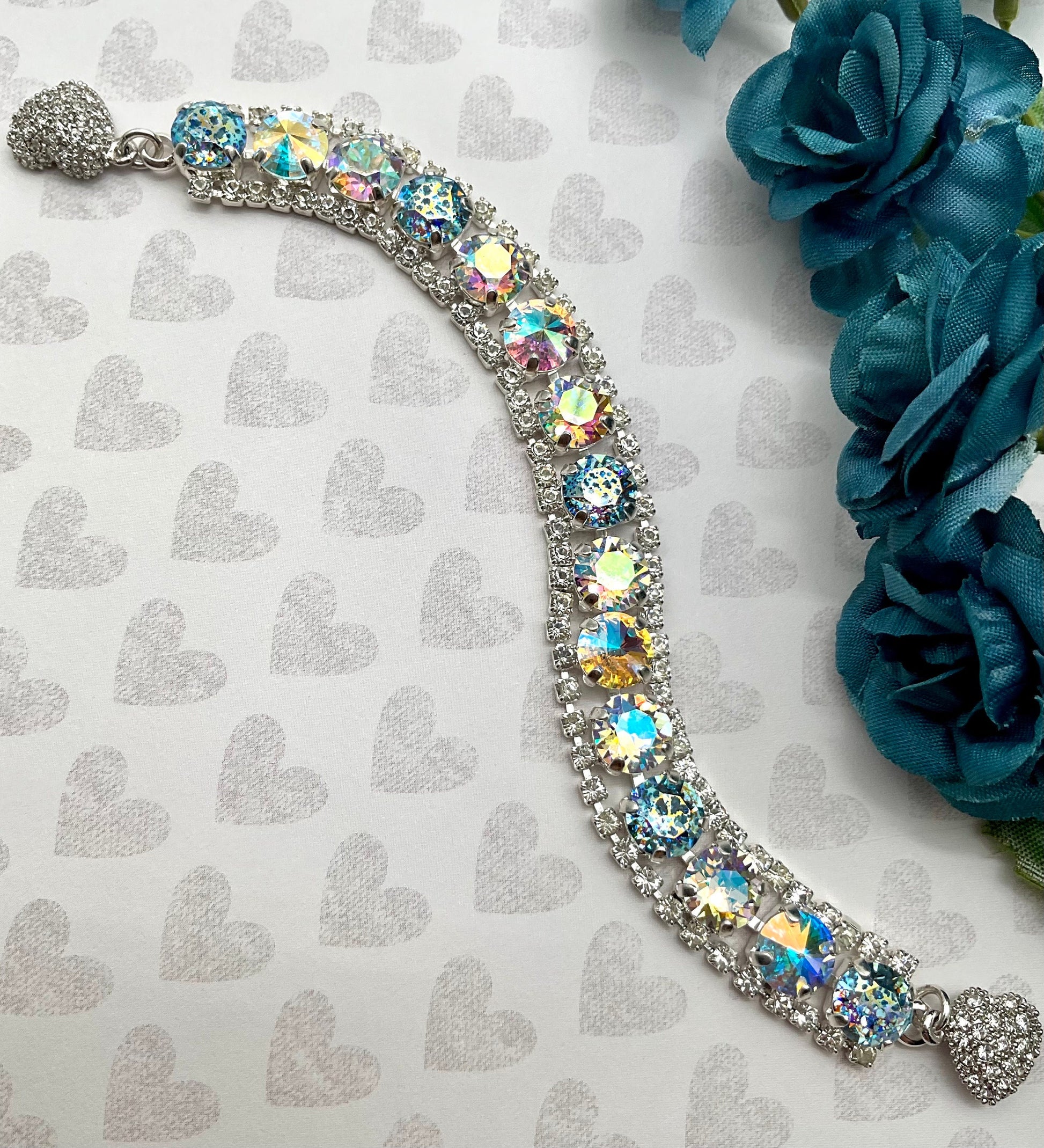 Genuine Swarovski Crystal Bracelet Blue Patina and Tears of Isis Stones with Rhinestone Accents and Magnetic Heart Clasp