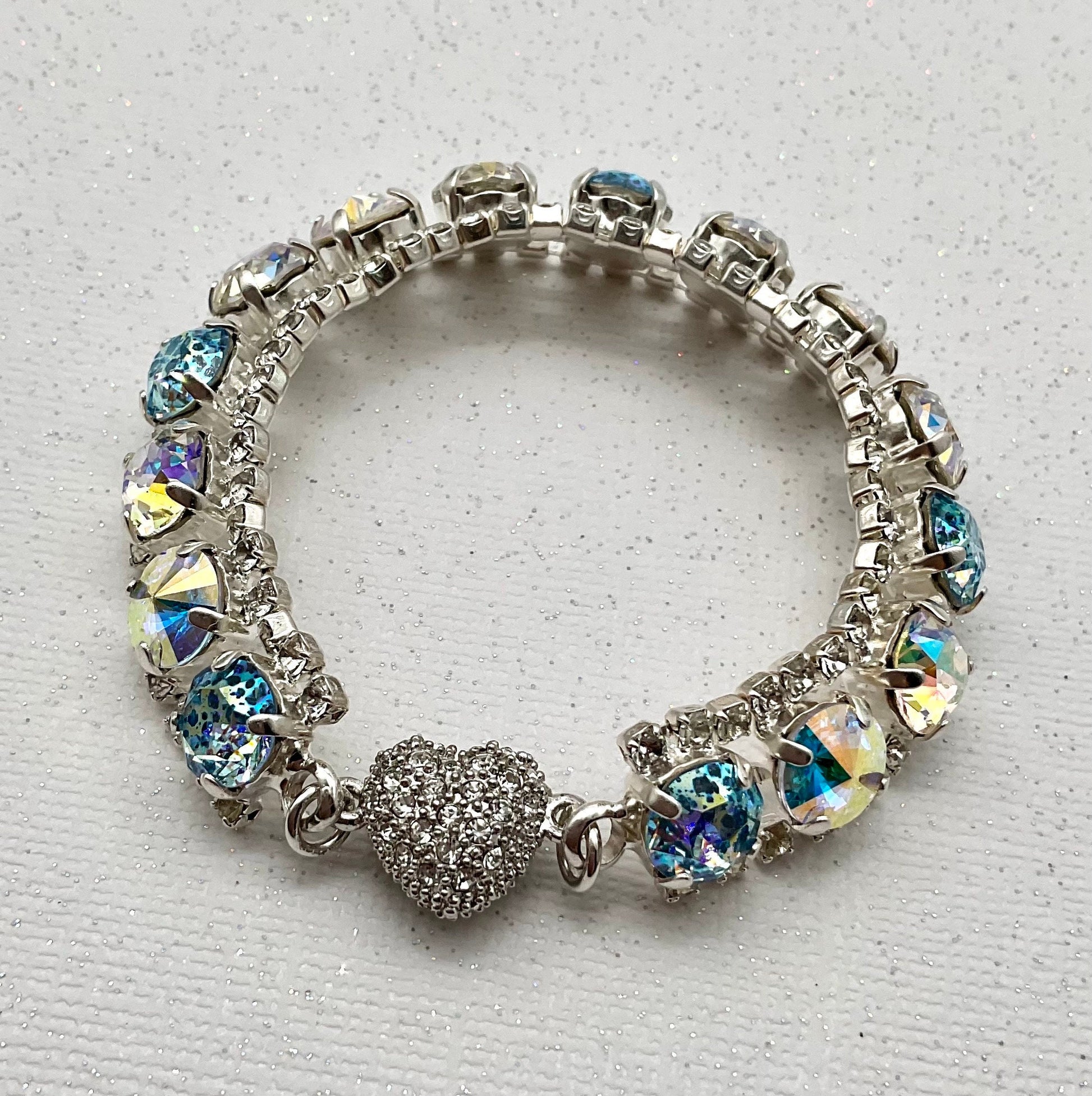 Genuine Swarovski Crystal Bracelet Blue Patina and Tears of Isis Stones with Rhinestone Accents and Magnetic Heart Clasp