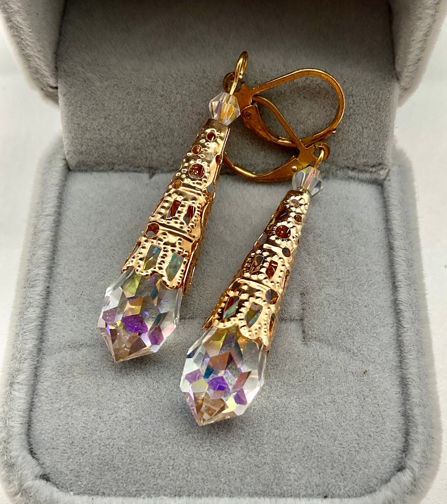 Gold Teardrop Pericosa AB Crystal Dangle Earrings