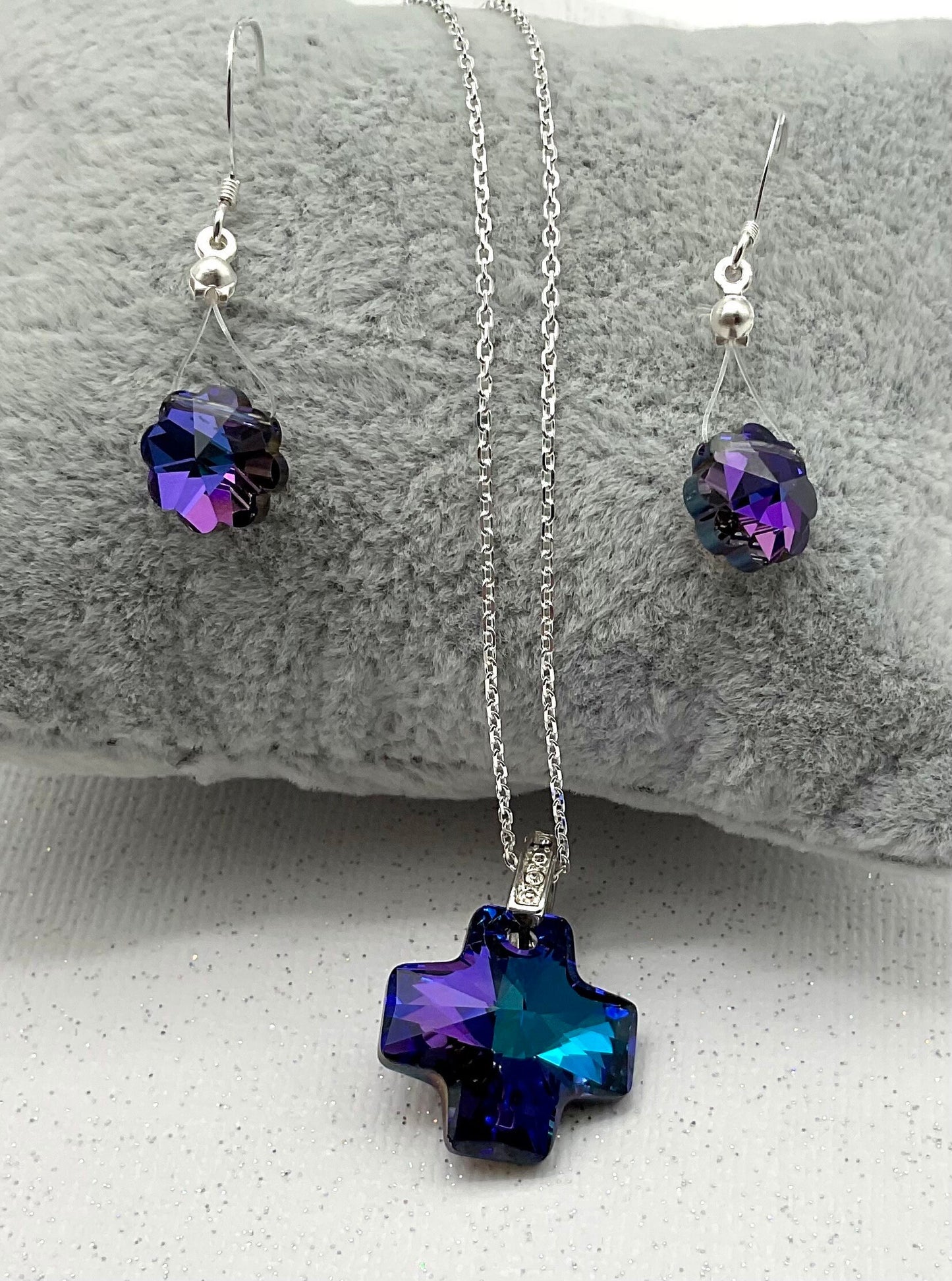 Swarovski Heliotrope Purple Cross Crystal Pendant Necklace and Earring Set