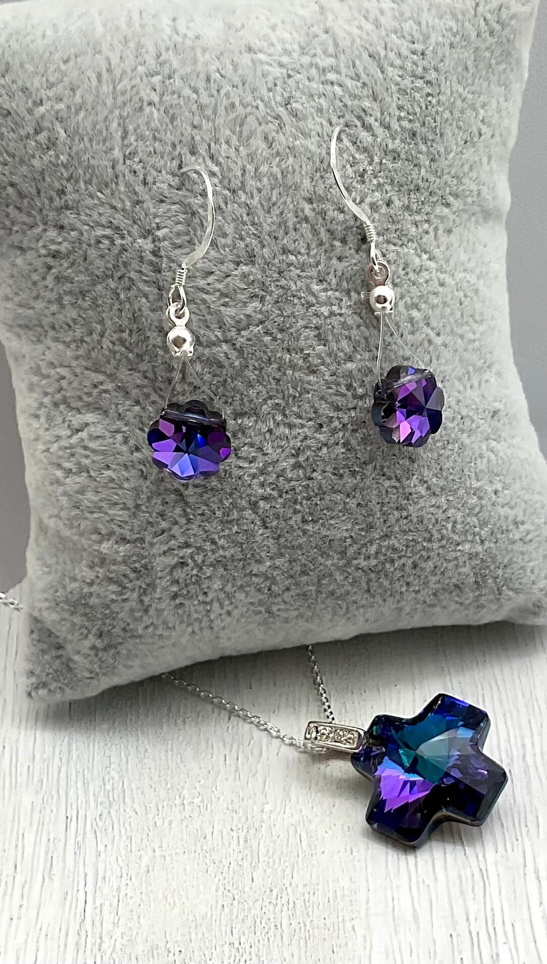 Swarovski Heliotrope Purple Cross Crystal Pendant Necklace and Earring Set