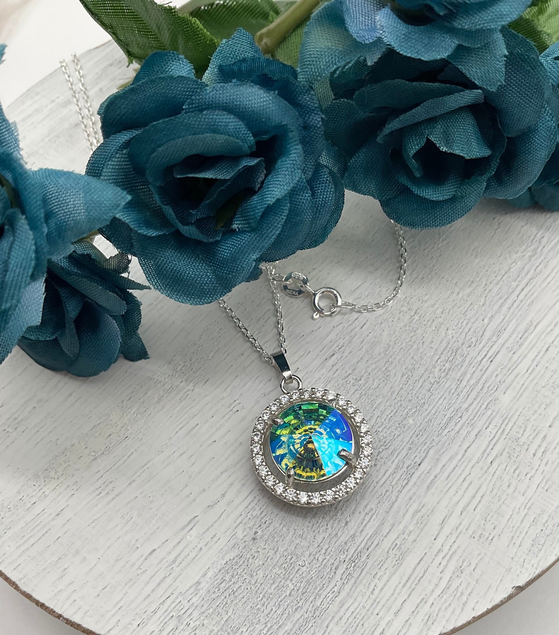 Aquamarine or Tears of Isis Swarovski CZ Necklace Pendant Necklace - 18” Sterling Silver Chain March and April Birthstone