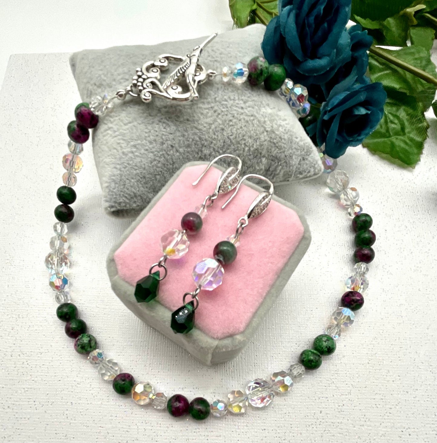 Crystal and Zoisite Natural Stone Necklace and Earring Set Green and Ruby Colored 18 Inches in Length