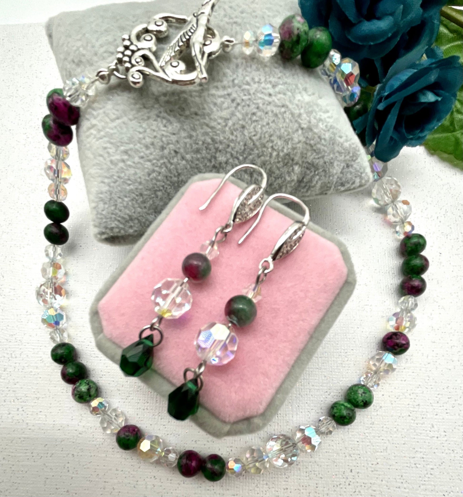 Crystal and Zoisite Natural Stone Necklace and Earring Set Green and Ruby Colored 18 Inches in Length