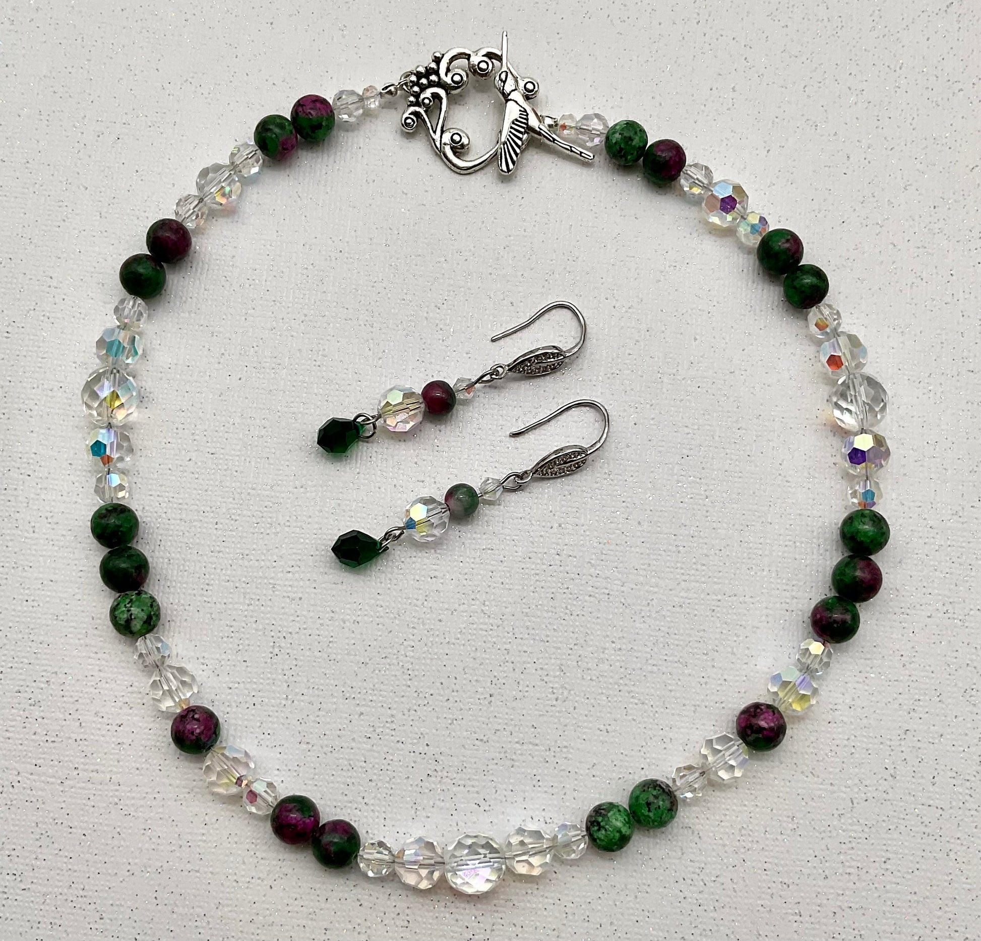 Crystal and Zoisite Natural Stone Necklace and Earring Set Green and Ruby Colored 18 Inches in Length