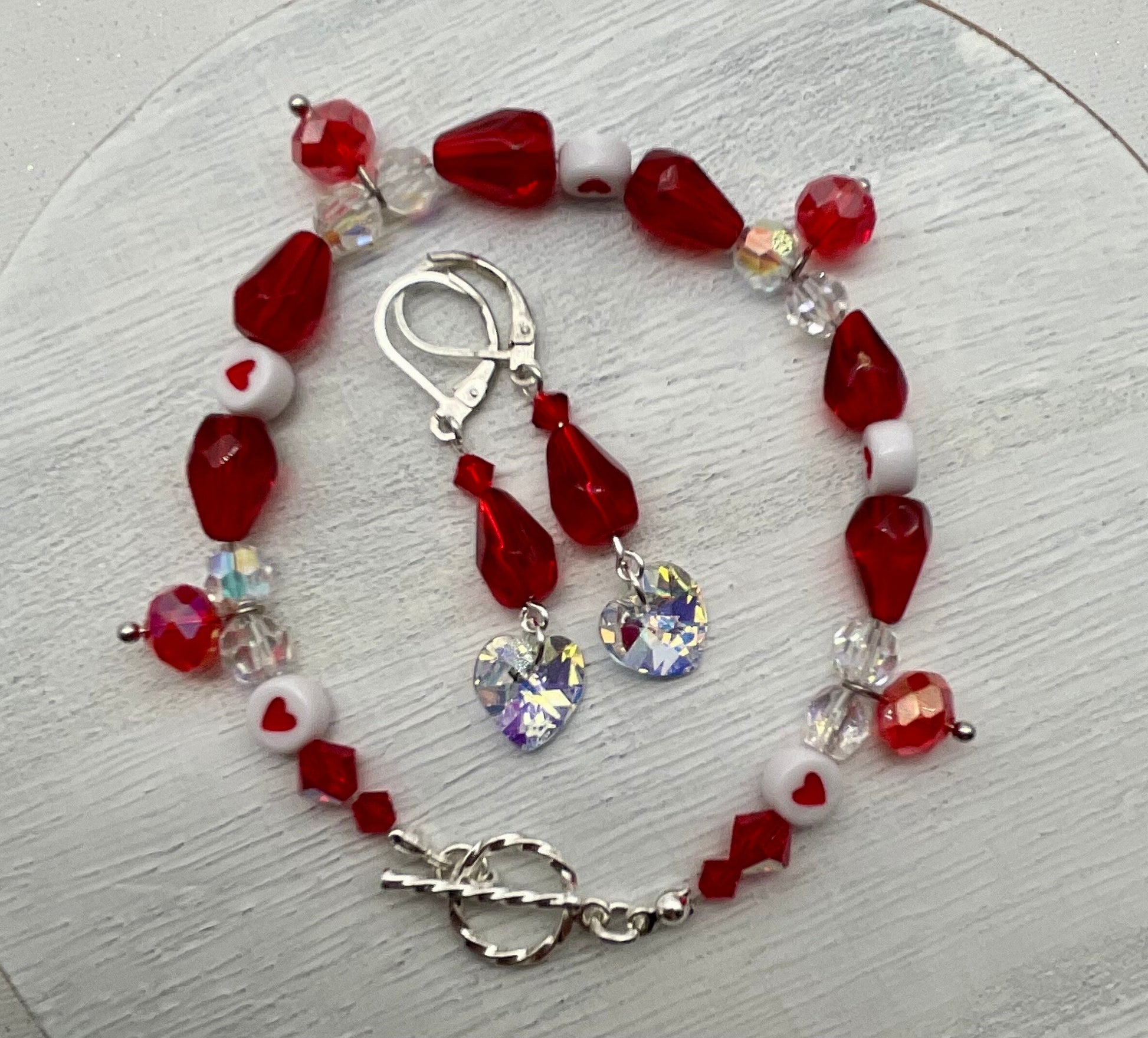 Red Crystal and Heart Bracelet with Matching Earrings