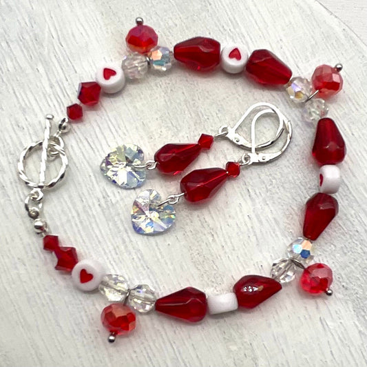 Red Crystal and Heart Bracelet with Matching Earrings