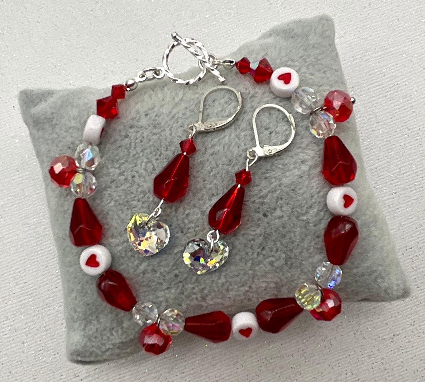 Red Crystal and Heart Bracelet with Matching Earrings