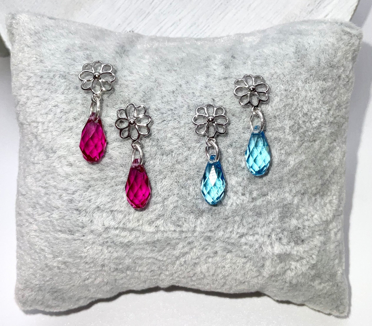 Fuschia Hot Pink or Light Baby Blue Preciosa Crystal Drop Brio Style Dangle Earrings