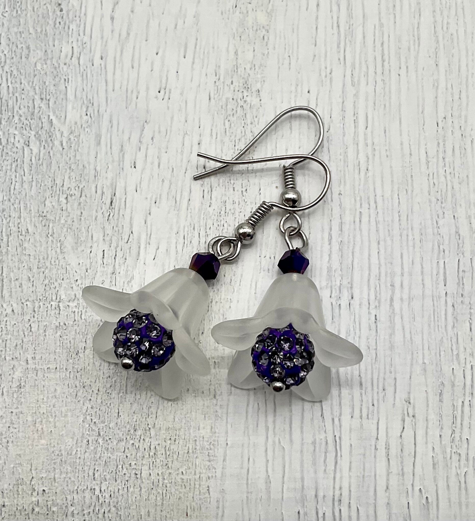 Floral Bell Blue, Orange, Purple or Red Rhinestone Dangle Earrings