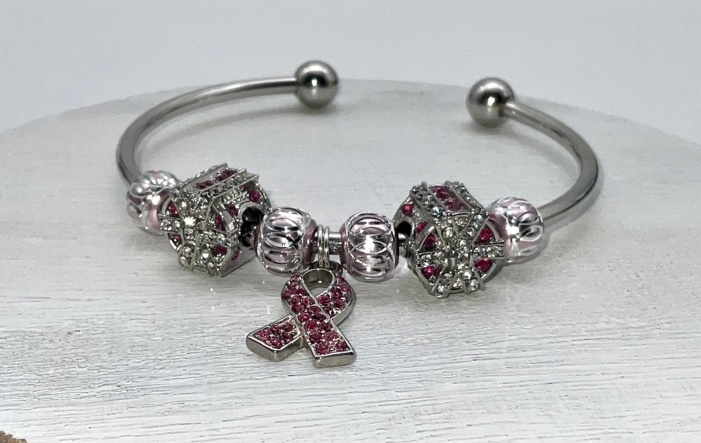 Breast Cancer Awareness and Survivor Crystal Pink Ribbon Silver Charm Bracelet