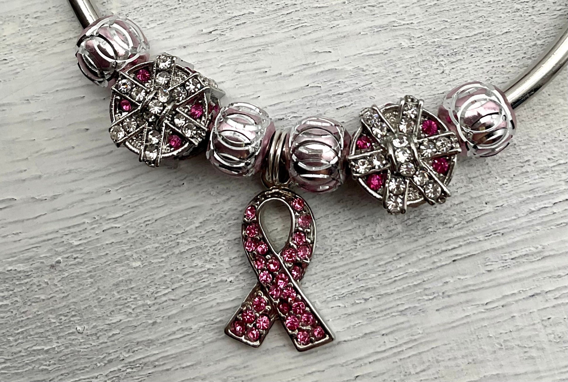 Breast Cancer Awareness and Survivor Crystal Pink Ribbon Silver Charm Bracelet
