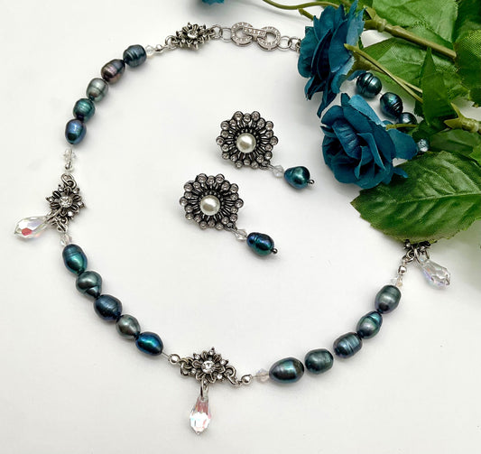 Genuine Baroque Turquoise Peacock Purple Colored Pearl Necklace with Percoisa Crystals and Matching Earring Set