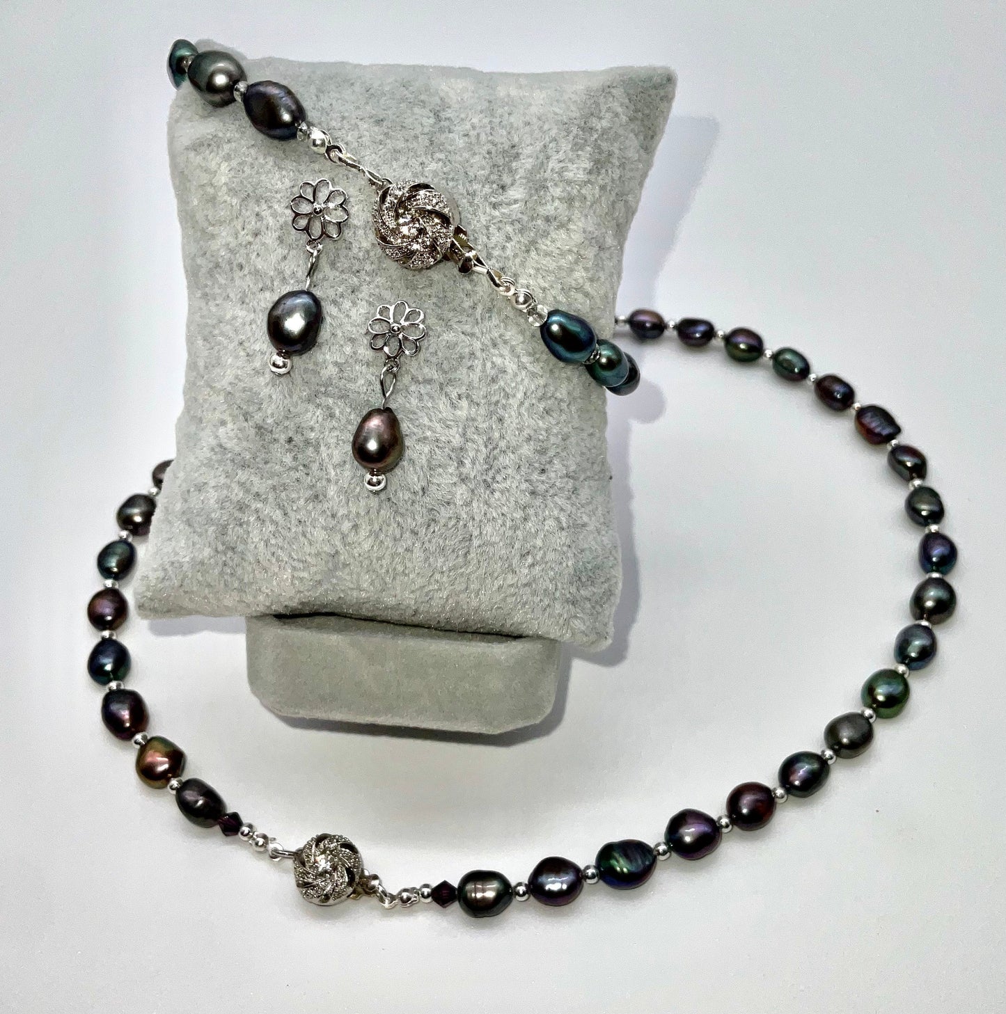 Genuine Baroque Turquoise Peacock Purple Colored Pearl Necklace with Silver Beads and Matching Bracelet and Earring Set