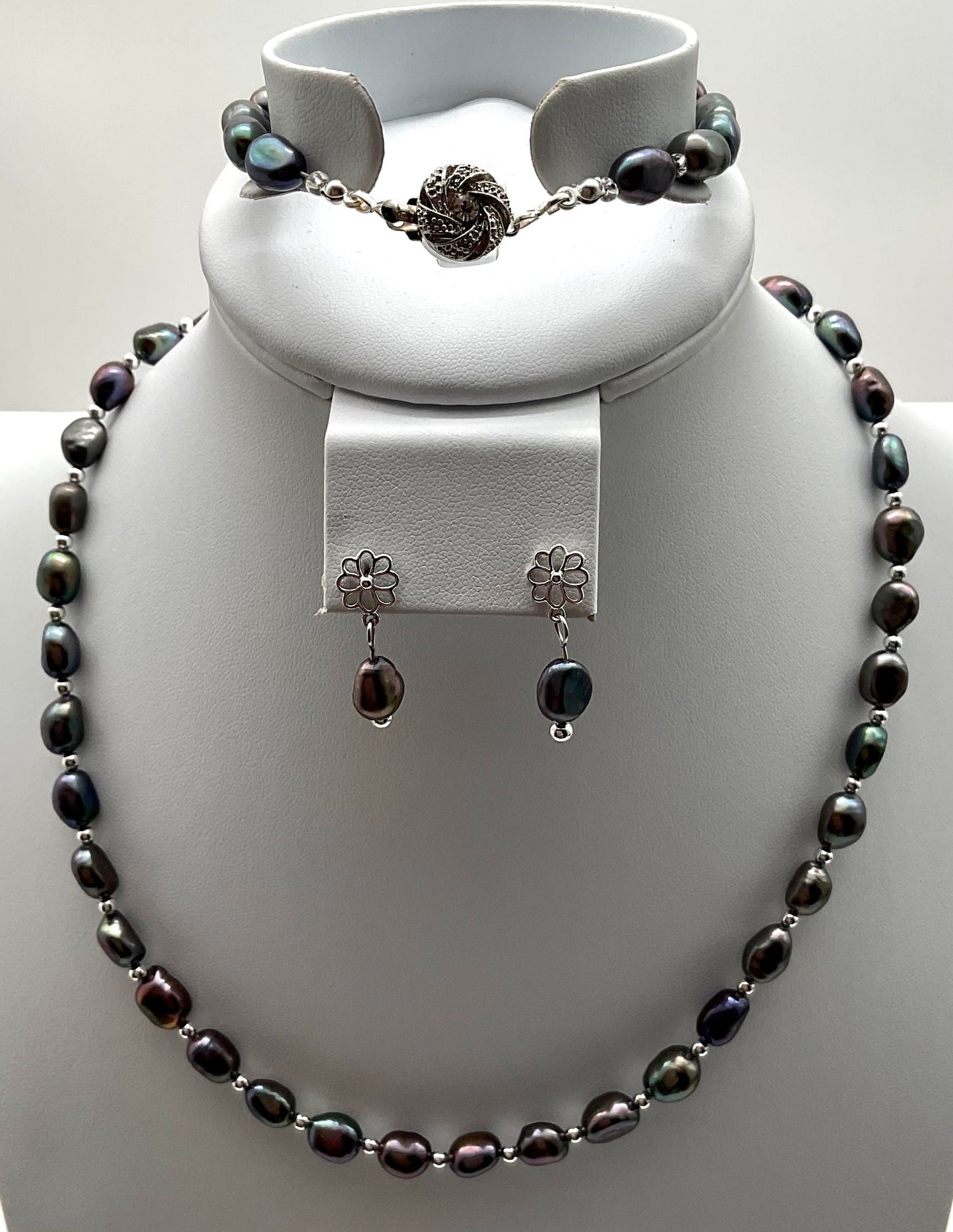 Genuine Baroque Turquoise Peacock Purple Colored Pearl Necklace with Silver Beads and Matching Bracelet and Earring Set