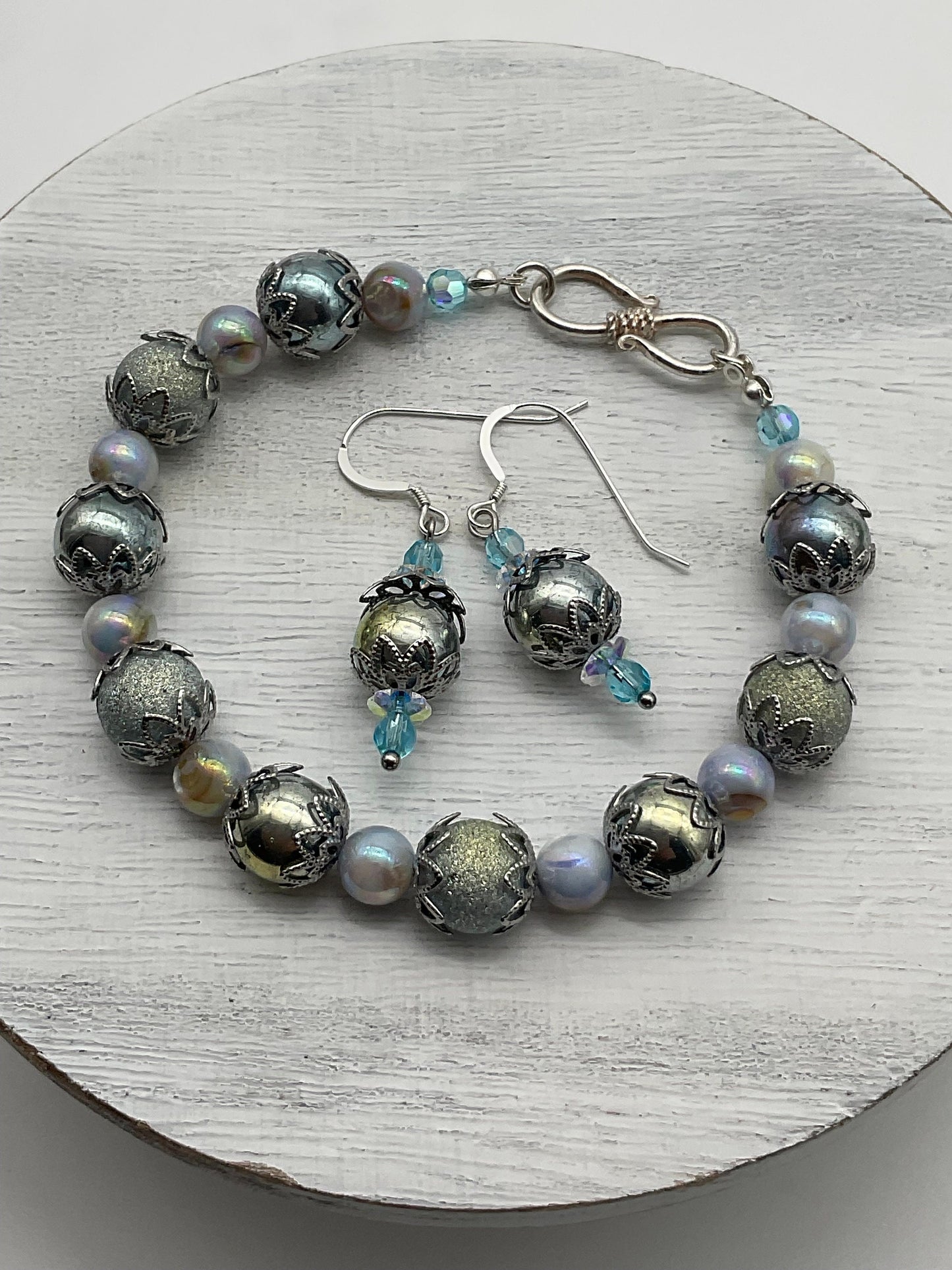 Iridescent Blue Pearl Bracelet and Earring Set - Hypoallergenic 925 Sterling Silver