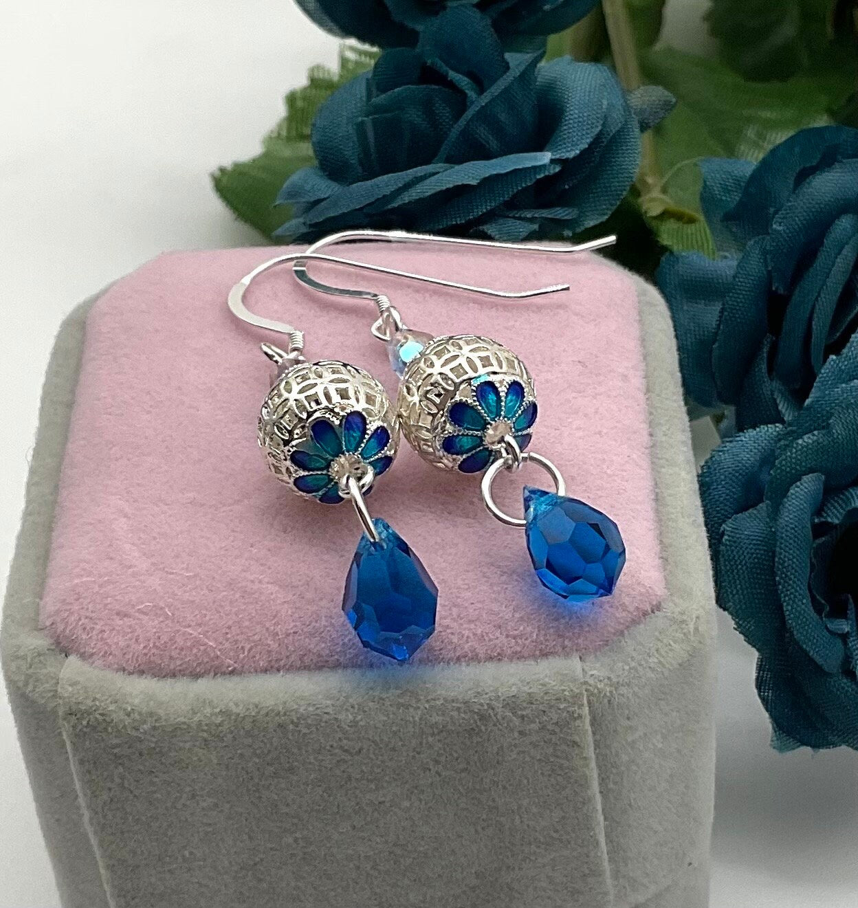 Mother of Pearl Blue Dangle Drop Earrings with Swarovski Crystal Drop - 925 Sterling Silver Ear Wires