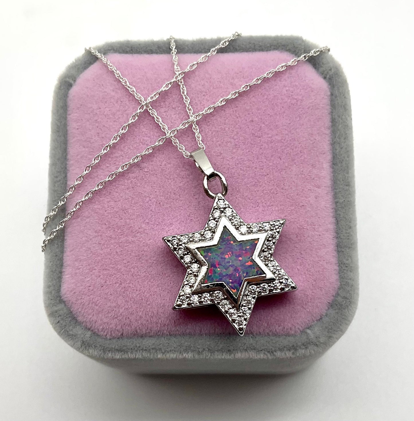 Pink Opal - Star of David Cross - Jewish - Christian Religious Necklace on an 18” 925 Sterling Silver Rope Chain