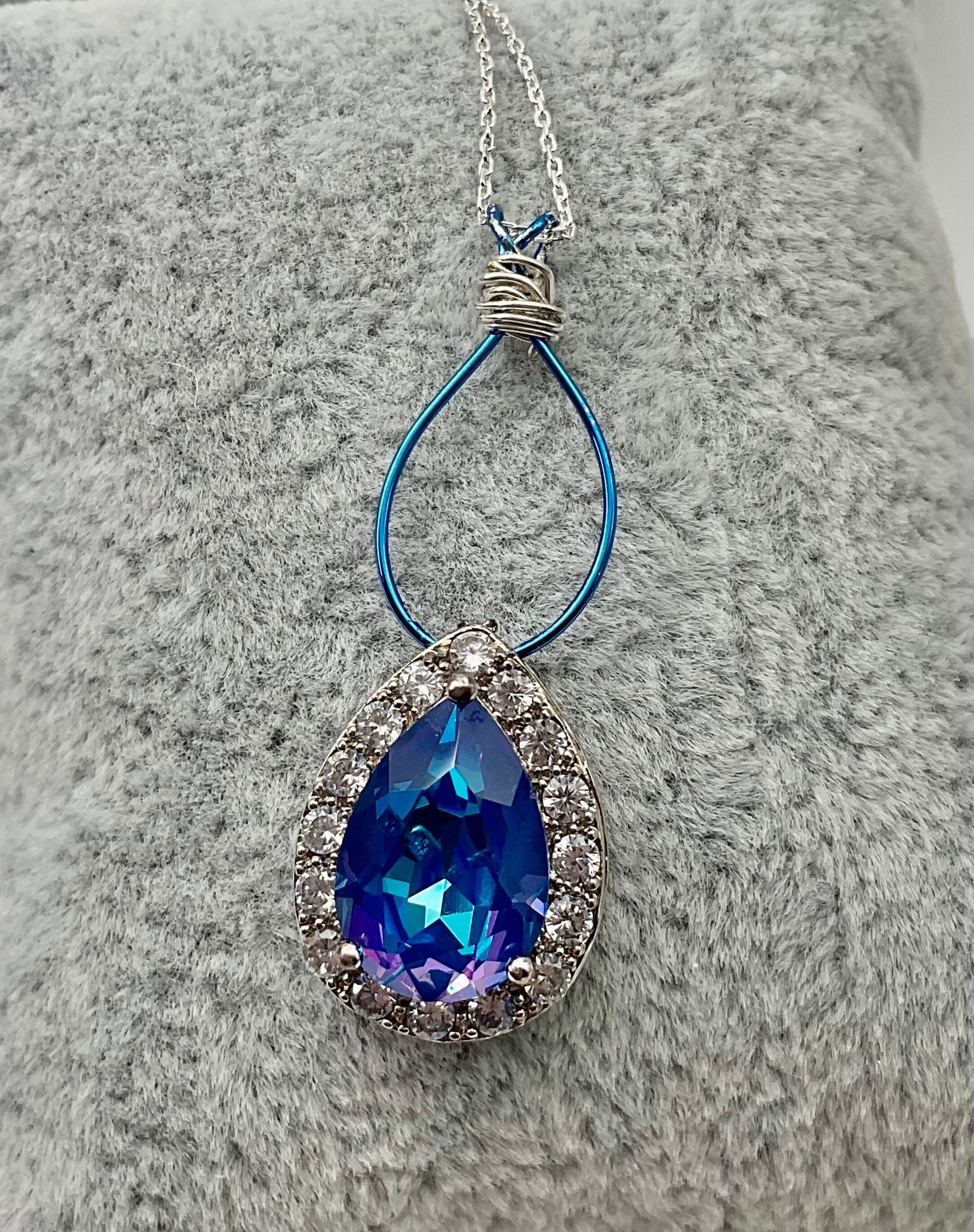 Preciosa Crystal Passions Blue Pear Shaped Pendant on a 925 Sterling Silver 18” Necklace