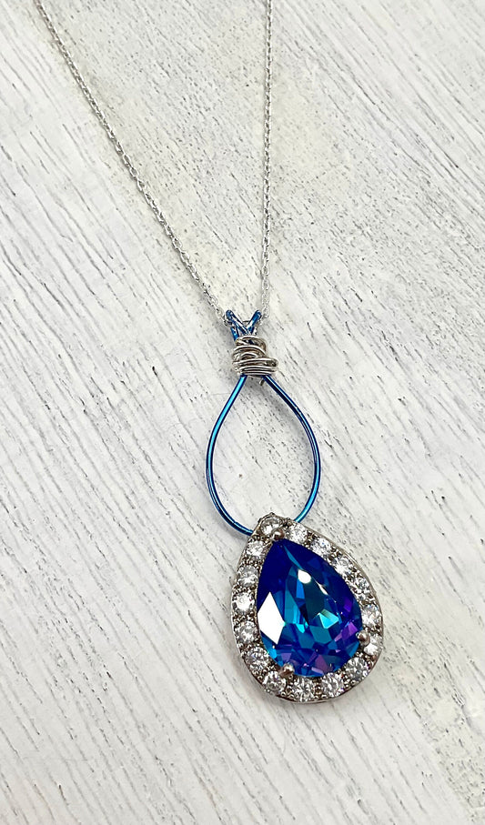 Preciosa Crystal Passions Blue Pear Shaped Pendant on a 925 Sterling Silver 18” Necklace