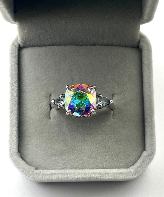 Swarovski AB Crystal Cushion Square Ring Set in 925 Sterling Silver Band with Genuine Blue Topaz Stones