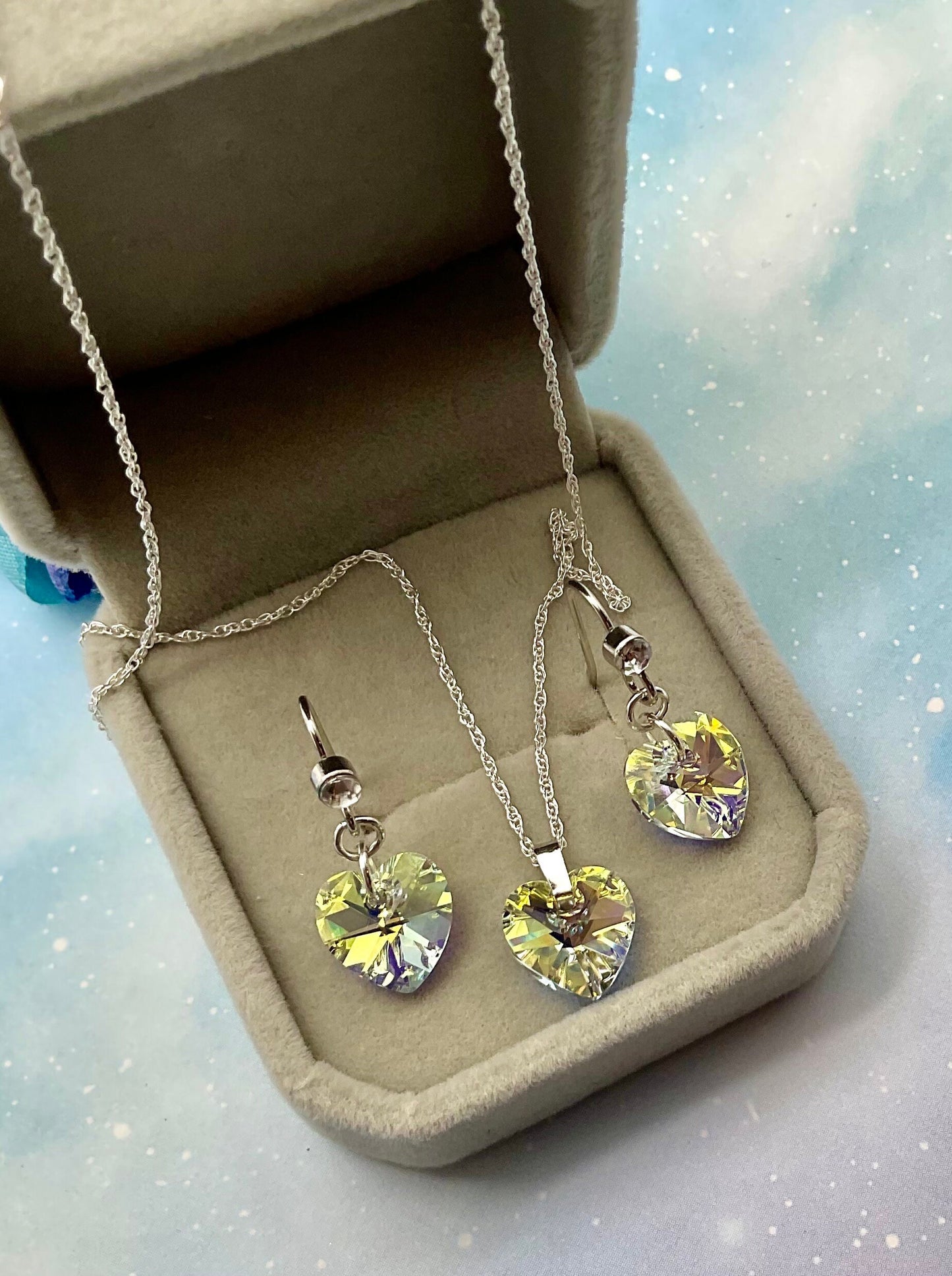 Swarovski AB Heart Crystal Pendant Necklace and Earring Set