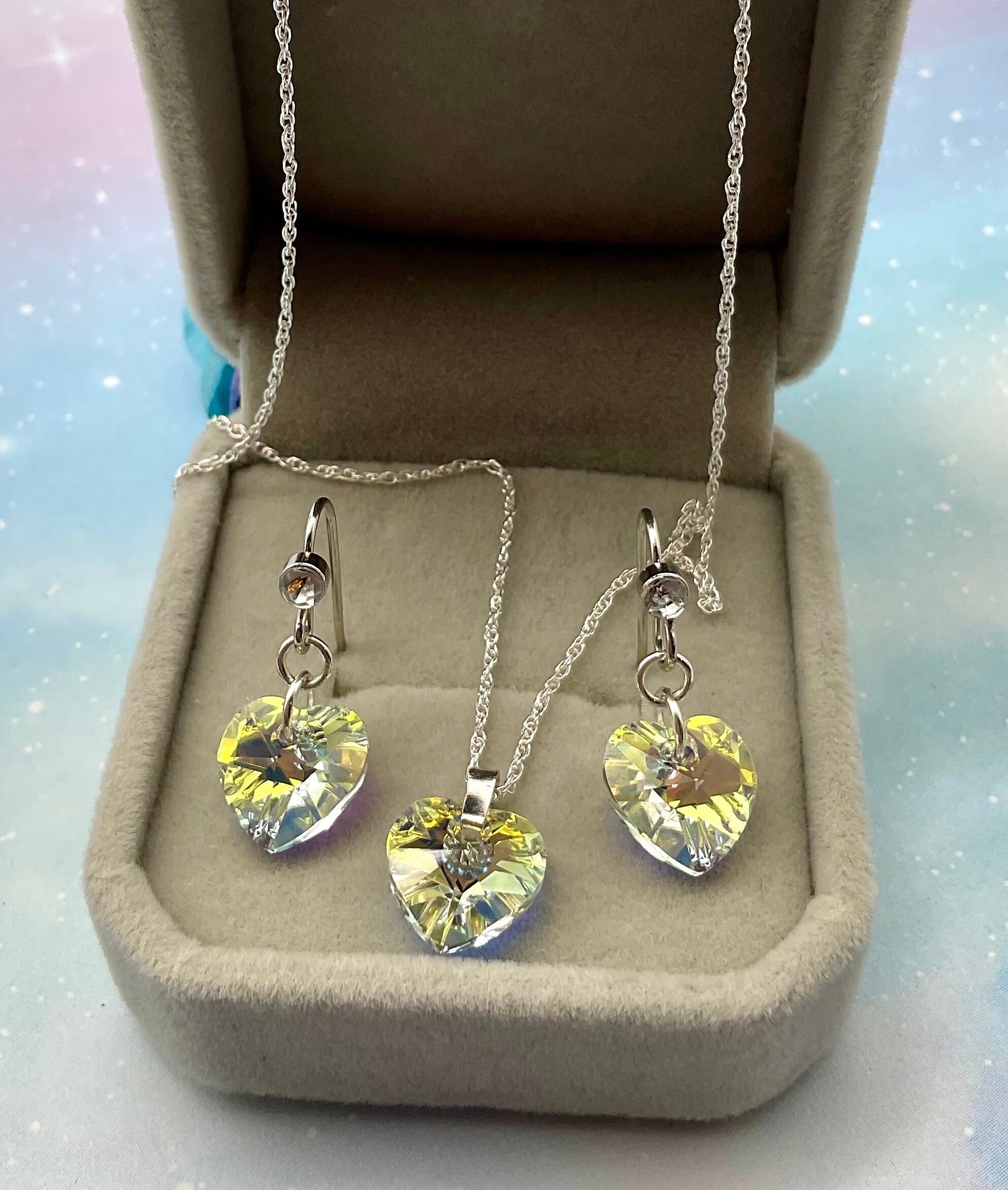 Swarovski AB Heart Crystal Pendant Necklace and Earring Set