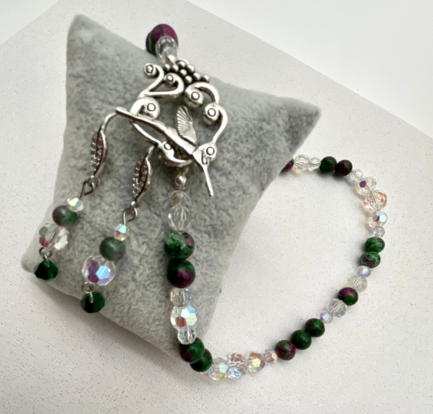 Crystal and Zoisite Natural Stone Necklace and Earring Set Green and Ruby Colored 18 Inches in Length